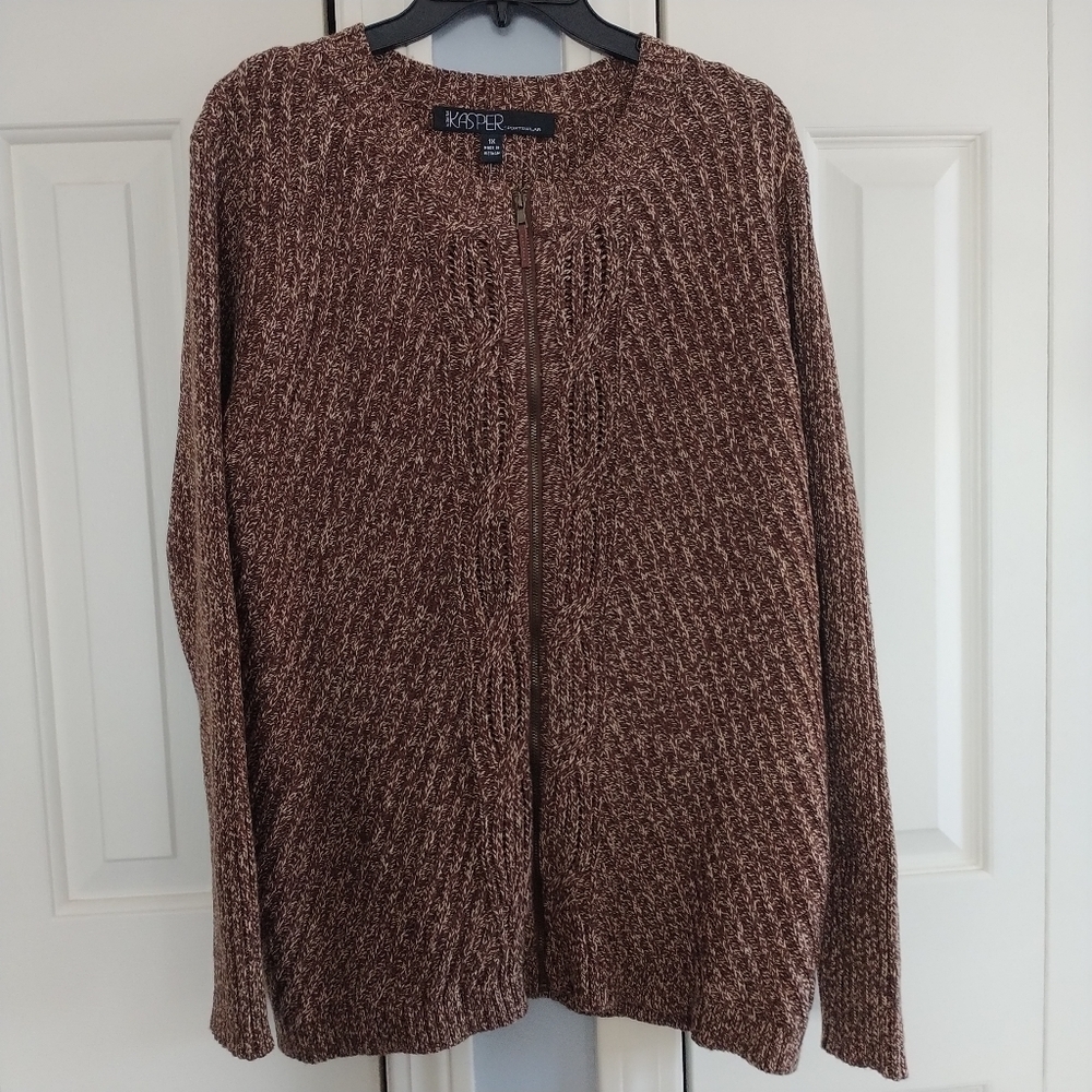 Kasper Brunette Sergenti Knit Zip Front Sweater Jacket 1X